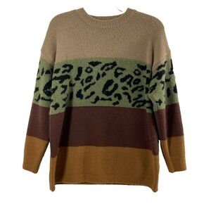 OTT Sweater Womens Sz Medium Green Animal Print Brown Stripe Pullover Soft Cozy